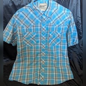 Men's Wrangler Pearl Snap Short Sleeve Teal and White Plaid Western Shirt Sz L